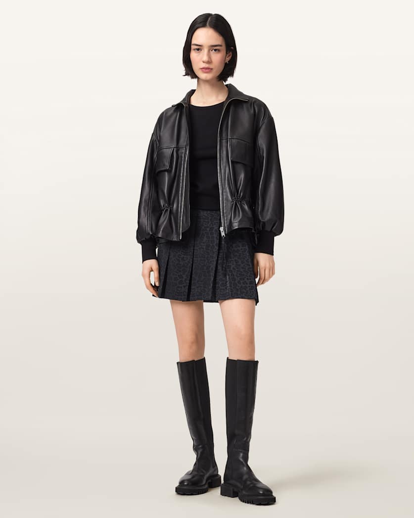 AllSaints Viola Leopard Print Pleated Mini Skirt Women's Leppo Black Women's