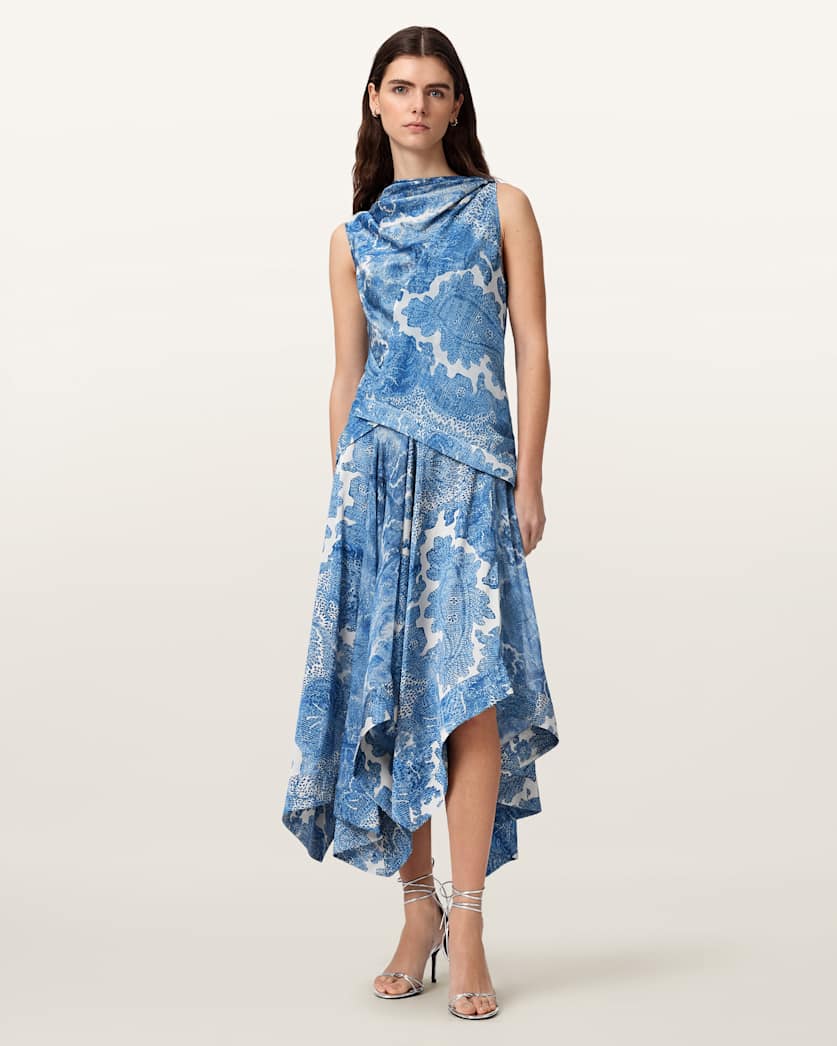 AllSaints Prue Draped Asymmetric Midi Dress Women's Joanne Blue Women's