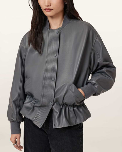 AllSaints Sofi Drawstring Leather Bomber Jacket Women's Black Women's