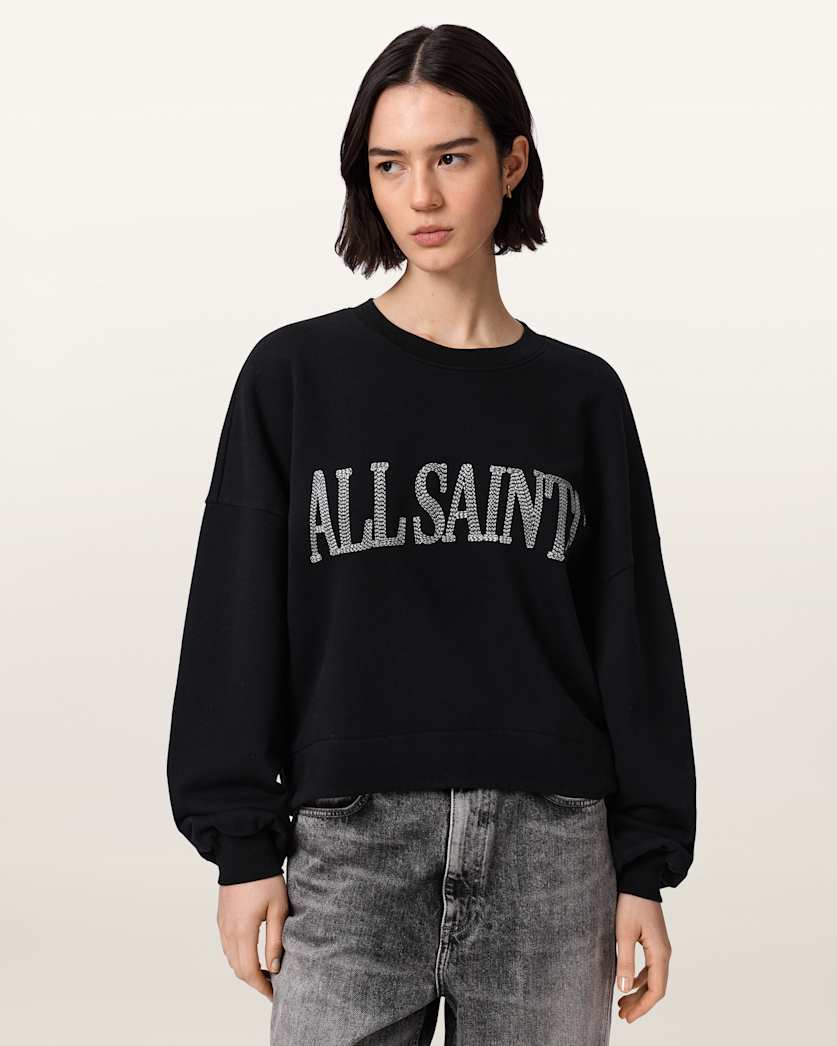 AllSaints Dash Lila Oversized Embroidered Sweatshirt Women's Washed Black Women's