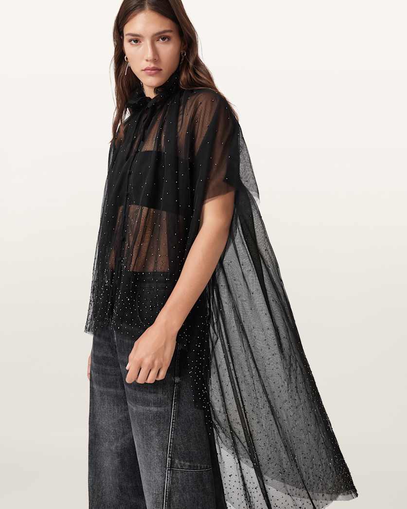 AllSaints Sez Embellished Tulle Cape Women's Black Women's