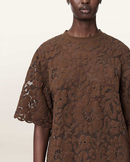 AllSaints Amelie Oversized Short Sleeve Lace T Shirt Women's Bitter Brown Women's
