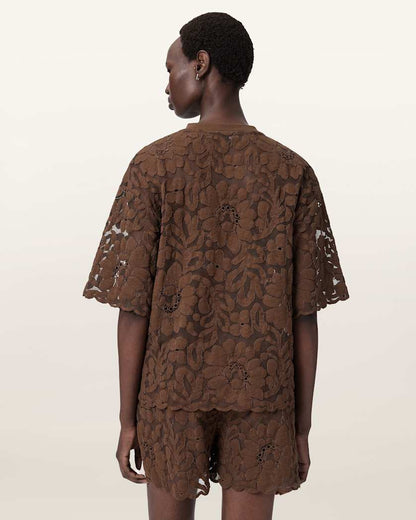 AllSaints Amelie Oversized Short Sleeve Lace T Shirt Women's Bitter Brown Women's