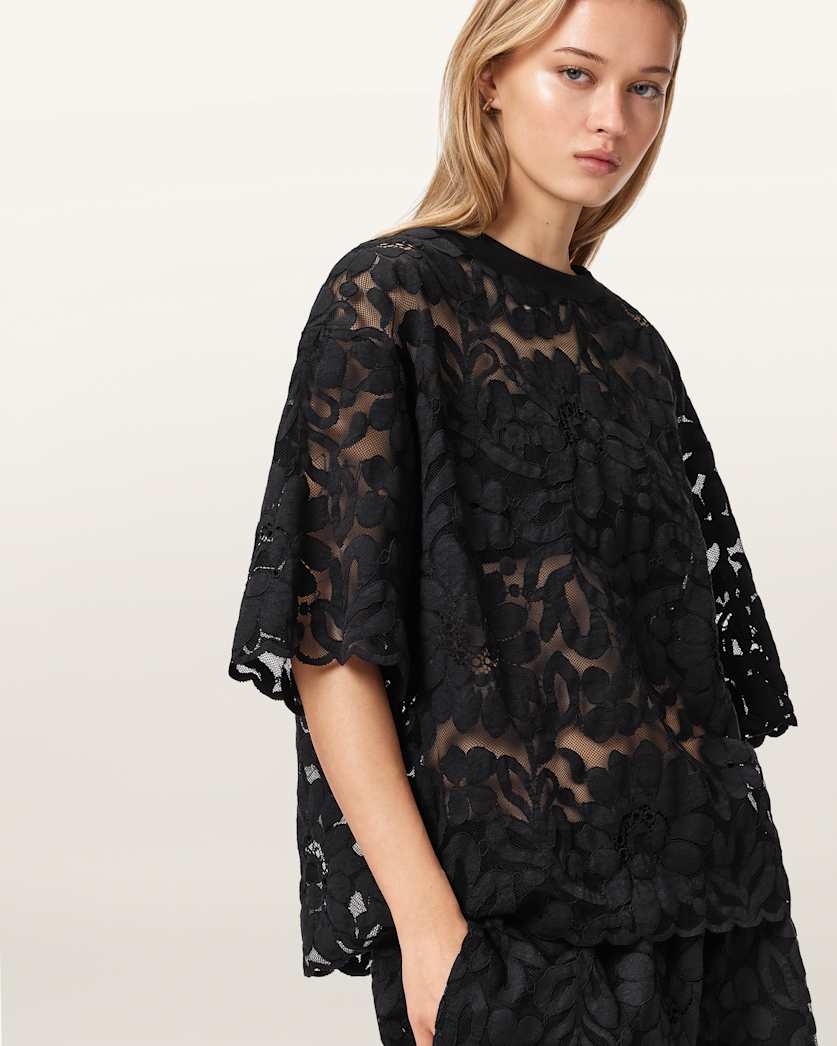 AllSaints Amelie Oversized Short Sleeve Lace T Shirt Women's Bitter Brown Women's
