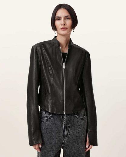 AllSaints Sadler Slim Fit Leather Jacket Women's Black Women's