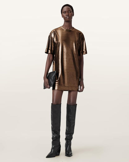 AllSaints Sparkle Mini T Shirt Dress Women's Bronze Gold Women's