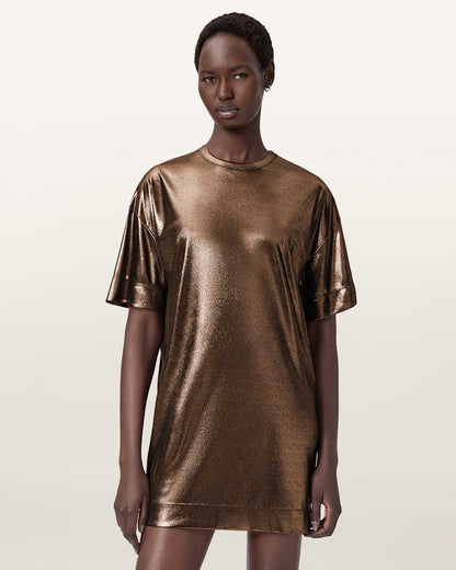 AllSaints Sparkle Mini T Shirt Dress Women's Bronze Gold Women's