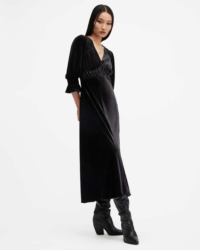 AllSaints Ani V Neck Velvet Midi Dress Women's Black Women's