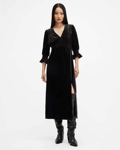 AllSaints Ani V Neck Velvet Midi Dress Women's Black Women's
