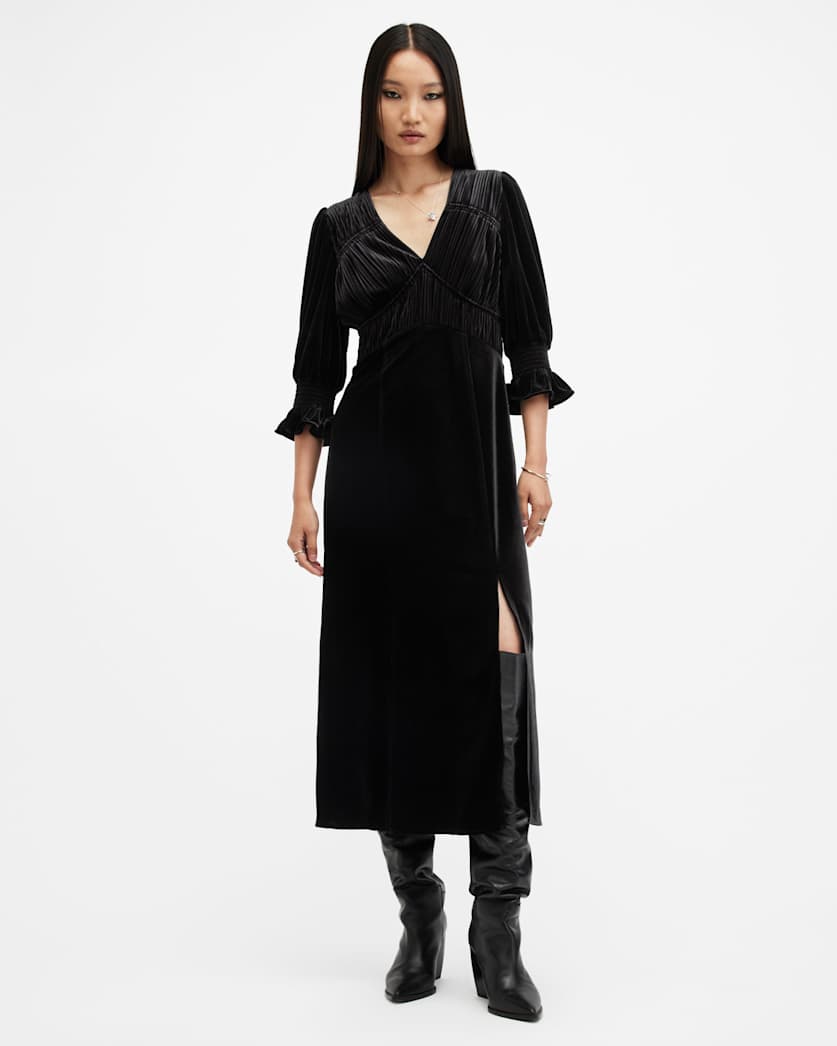 AllSaints Ani V Neck Velvet Midi Dress Women's Black Women's