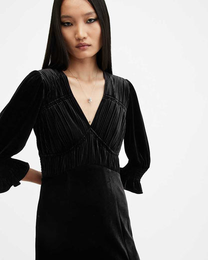 AllSaints Ani V Neck Velvet Midi Dress Women's Black Women's