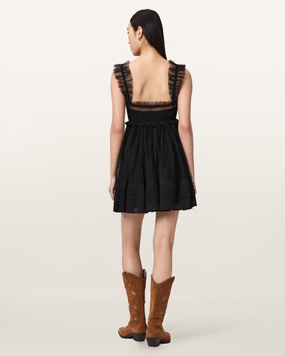 AllSaints Angela Gathered Frill Mini Dress Women's Black Women's