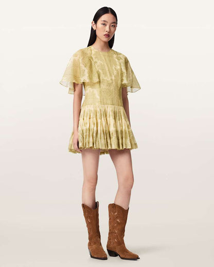 AllSaints Yanna Slim Fit Tiered Mini Dress Women's Joanne Gold Green Women's