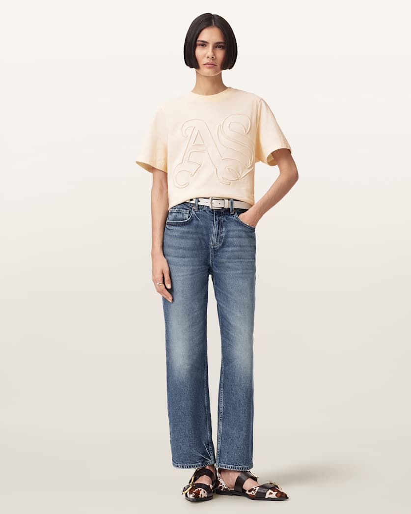 AllSaints Lisa Embossed Crew Neck T Shirt Women's Pebble White Women's