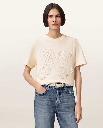 AllSaints Lisa Embossed Crew Neck T Shirt Women's Pebble White Women's