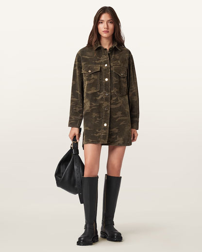 AllSaints Faye Flocked Oversized Dress Women's Camo Green Women's