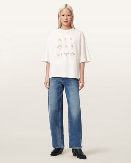 AllSaints Stacks Amelie Oversized Embellished T Shirt Women's Optic White Women's