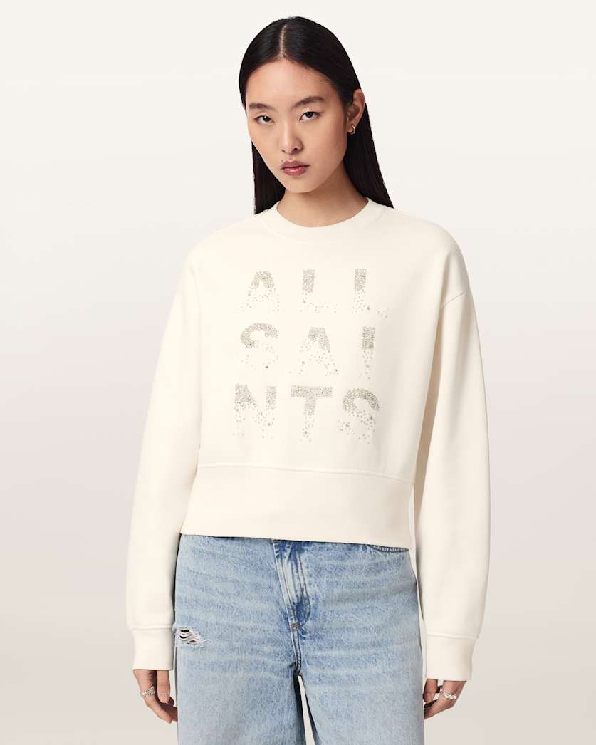 AllSaints Stacks Separo Embellished Cropped Sweatshirt Women's Optic White Women's