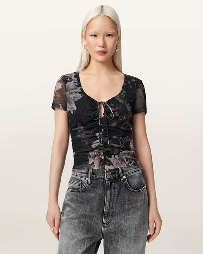 AllSaints Gabby Slim Fit Floral Mesh Top Women's Crystal/Black Women's