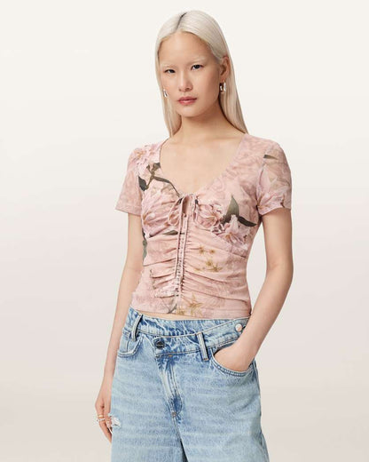 AllSaints Gabby Slim Fit Floral Mesh Top Women's Crystal/Black Women's