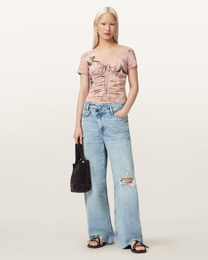AllSaints Gabby Slim Fit Floral Mesh Top Women's Crystal/Black Women's