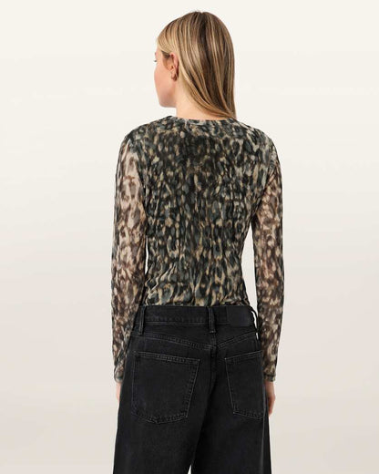 AllSaints Ellie Mesh Long Sleeve T Shirt Women's Leppo Brown Women's