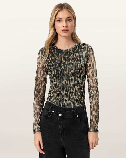 AllSaints Ellie Mesh Long Sleeve T Shirt Women's Leppo Brown Women's
