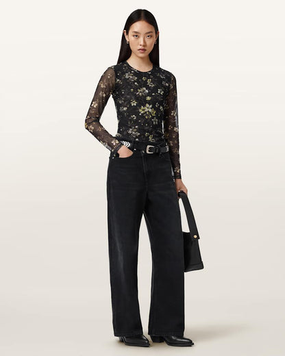 AllSaints Ellie Mesh Long Sleeve T Shirt Women's Leppo Brown Women's