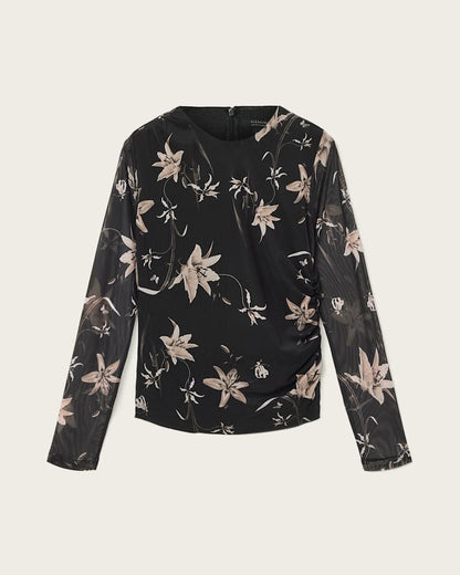 AllSaints Caia Floral Mesh Top Women's Petra Sepia Brown Women's