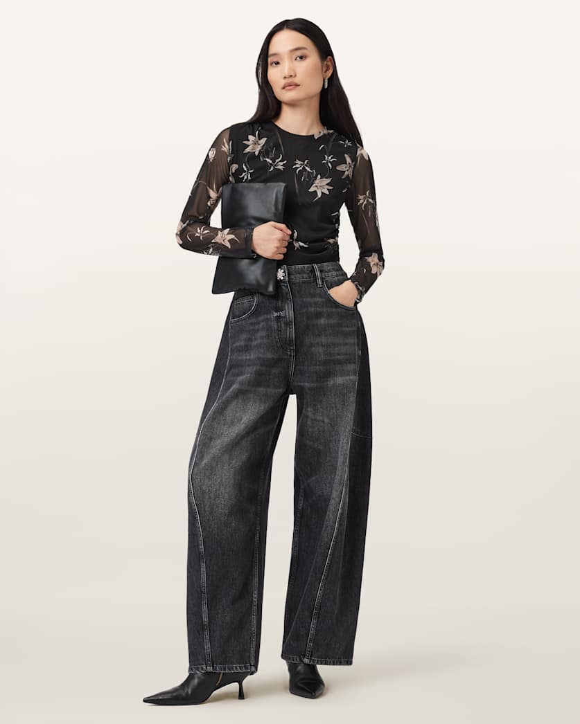 AllSaints Caia Floral Mesh Top Women's Petra Sepia Brown Women's