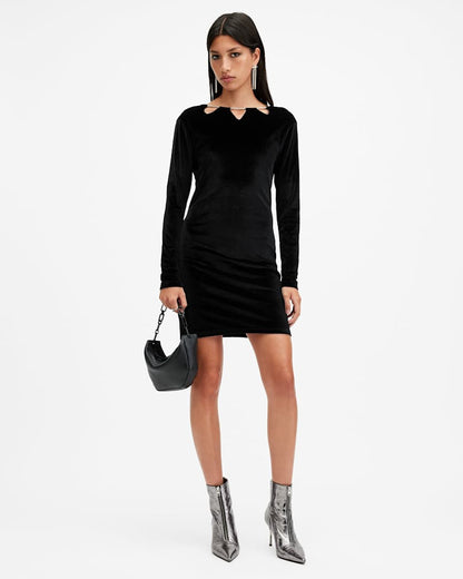 AllSaints Regina Velvet Sparkle Drawcord Mini Dress Women's Black Women's