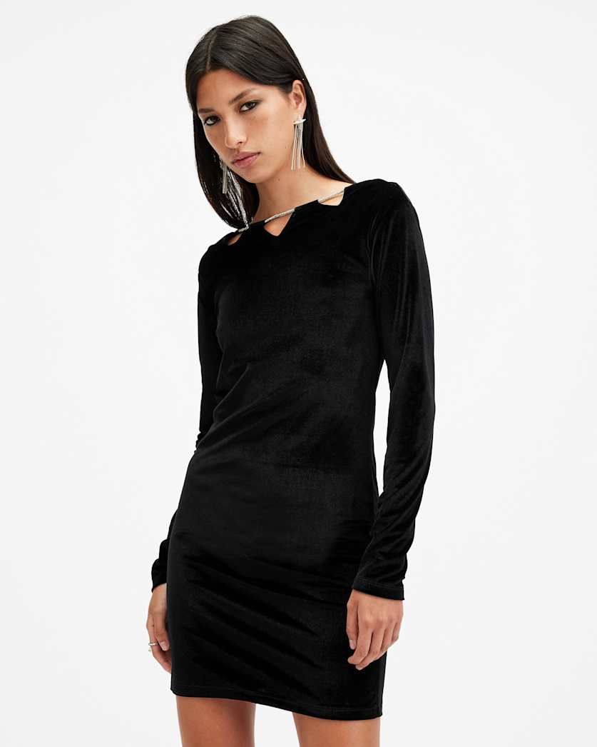 AllSaints Regina Velvet Sparkle Drawcord Mini Dress Women's Black Women's