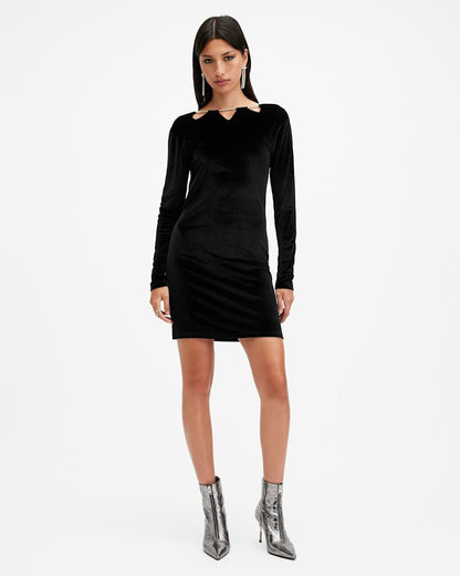AllSaints Regina Velvet Sparkle Drawcord Mini Dress Women's Black Women's