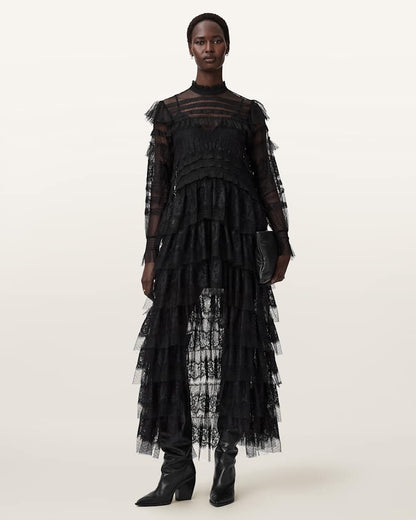 AllSaints Cavarly Tiered Lace Maxi Dress Women's Lace Black Women's