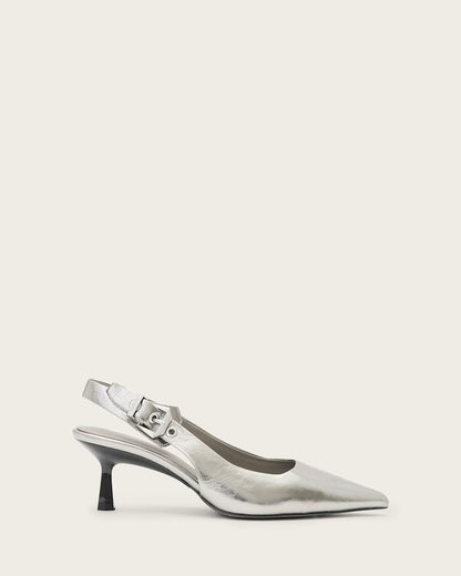 AllSaints Idiya Metallic Leather Slingback Heels Women's Gunmetal Grey Women's