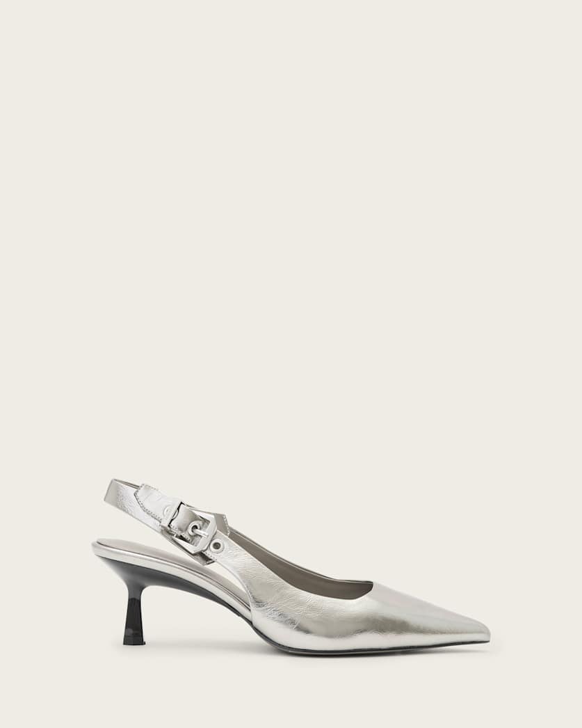 AllSaints Idiya Metallic Leather Slingback Heels Women's Gunmetal Grey Women's