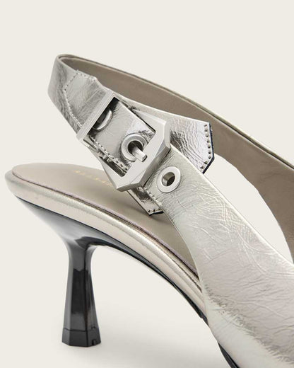 AllSaints Idiya Metallic Leather Slingback Heels Women's Gunmetal Grey Women's