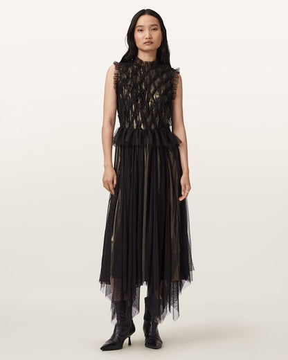 AllSaints Lola Metallic Midi Dress Women's Metallic Gold Women's