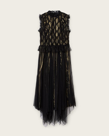 AllSaints Lola Metallic Midi Dress Women's Metallic Gold Women's