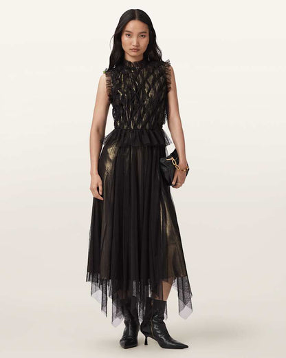 AllSaints Lola Metallic Midi Dress Women's Metallic Gold Women's