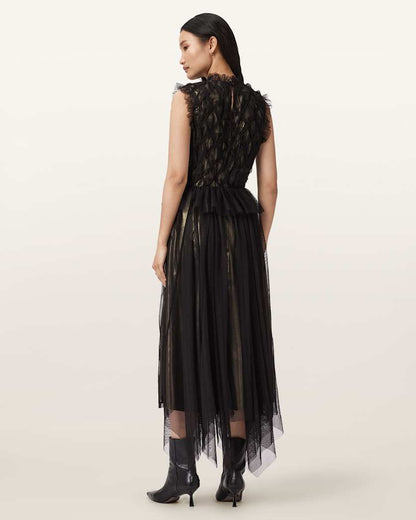 AllSaints Lola Metallic Midi Dress Women's Metallic Gold Women's