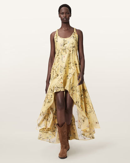 AllSaints Dorina Floral Asymmetric Dress Women's Carmel Pale Yellow Women's