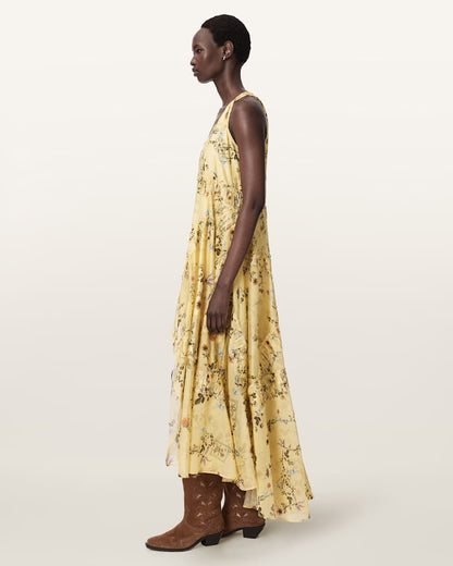 AllSaints Dorina Floral Asymmetric Dress Women's Carmel Pale Yellow Women's
