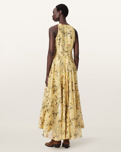 AllSaints Dorina Floral Asymmetric Dress Women's Carmel Pale Yellow Women's