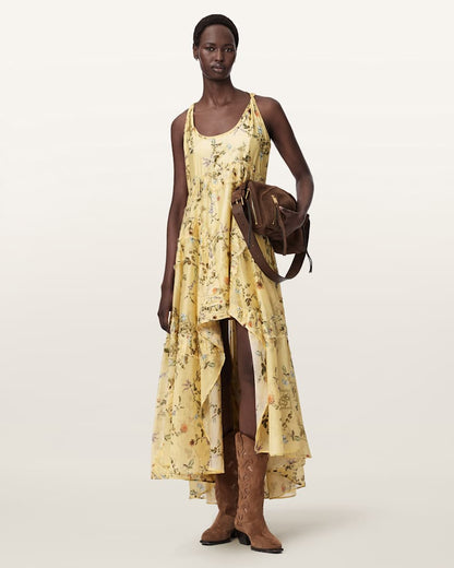 AllSaints Dorina Floral Asymmetric Dress Women's Carmel Pale Yellow Women's