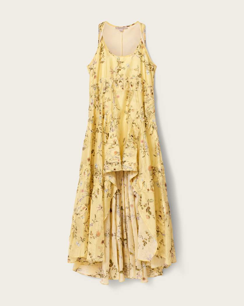 AllSaints Dorina Floral Asymmetric Dress Women's Carmel Pale Yellow Women's