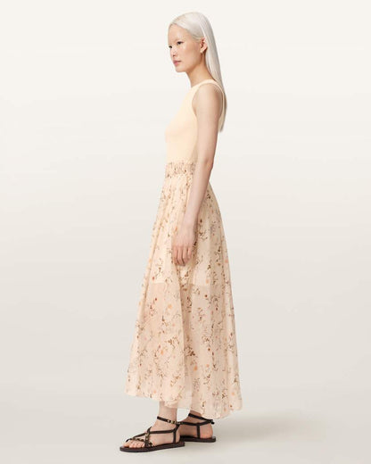 AllSaints Zenia Sleeveless Knit Woven Midi Dress Women's Carmel Off White Women's