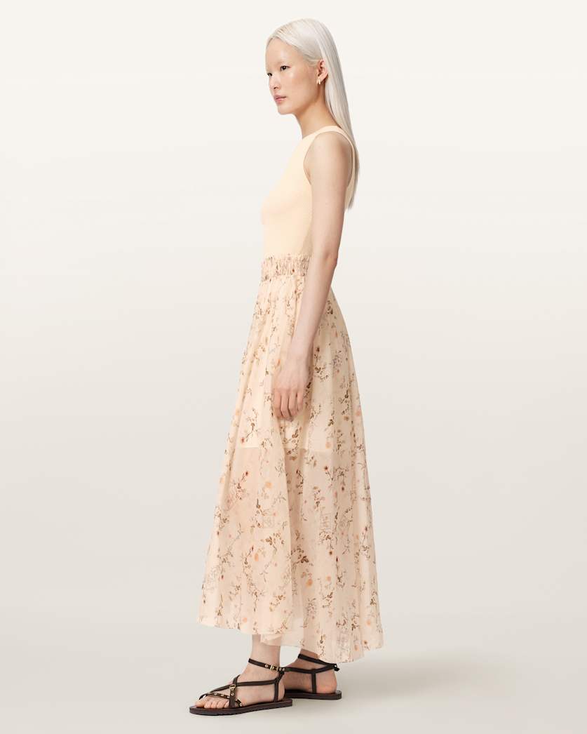 AllSaints Zenia Sleeveless Knit Woven Midi Dress Women's Carmel Off White Women's