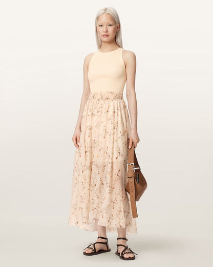 AllSaints Zenia Sleeveless Knit Woven Midi Dress Women's Carmel Off White Women's