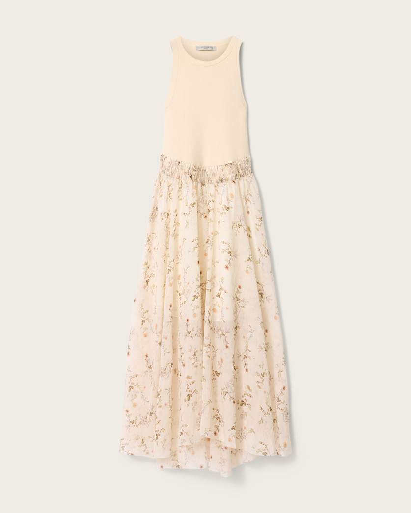 AllSaints Zenia Sleeveless Knit Woven Midi Dress Women's Carmel Off White Women's